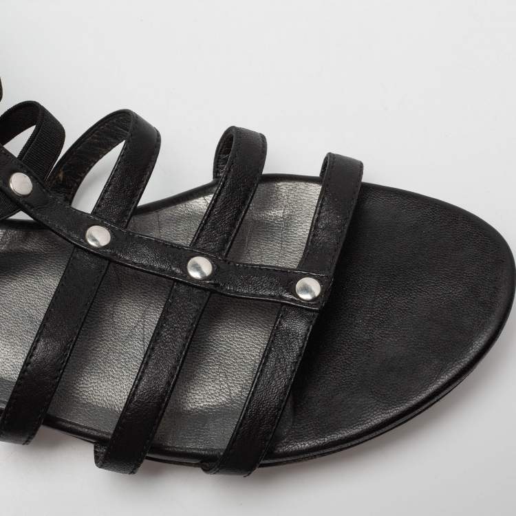 Pre Owned Stuart Weitzman Black Leather Flat Gladiator Sandals Size 38