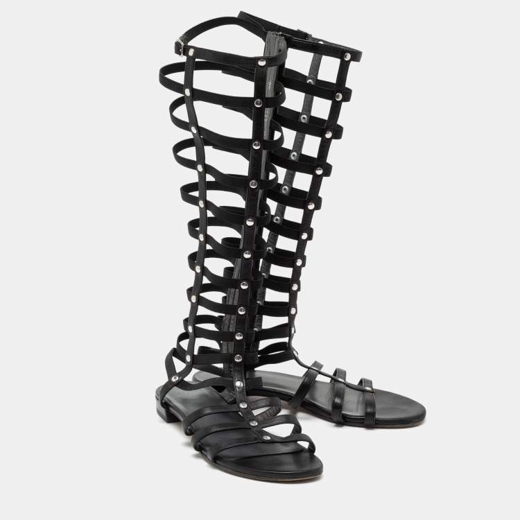 Pre Owned Stuart Weitzman Black Leather Flat Gladiator Sandals Size 38