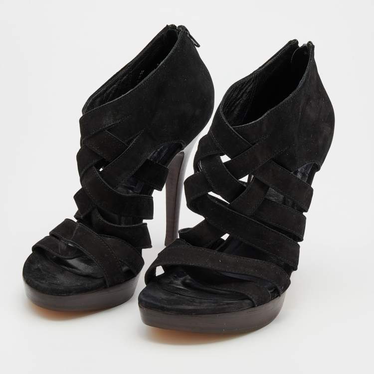 Pre Owned Stuart Weitzman Black Suede Cross Strap Sandals Size 38.5