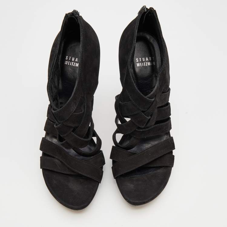 Pre Owned Stuart Weitzman Black Suede Cross Strap Sandals Size 38.5