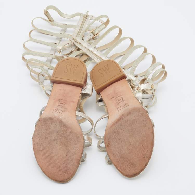 Pre Owned Stuart Weitzman Metallic Gold Leather And Elastic Gladiator Flat Sandals Size 37