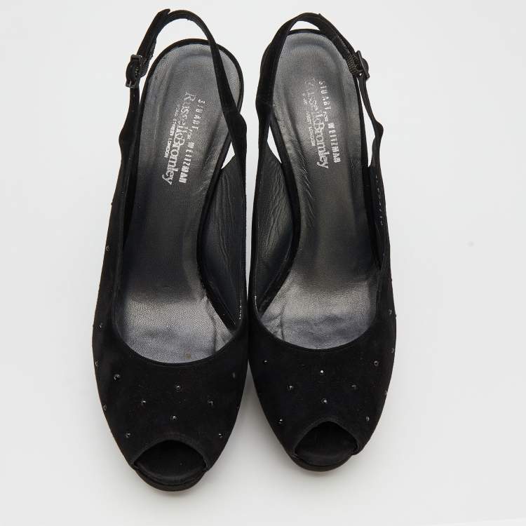 Pre Owned Stuart Weitzman Black Suede Crystal Embellished Platform Slingback Sandals Size 39.5