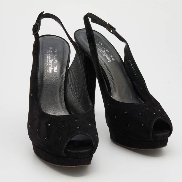 Pre Owned Stuart Weitzman Black Suede Crystal Embellished Platform Slingback Sandals Size 39.5