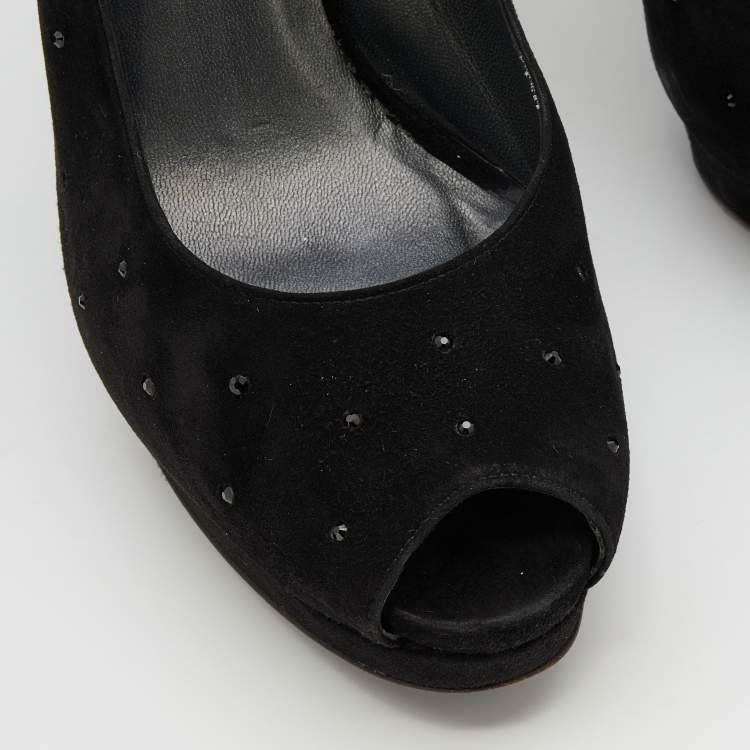 Pre Owned Stuart Weitzman Black Suede Crystal Embellished Platform Slingback Sandals Size 39.5