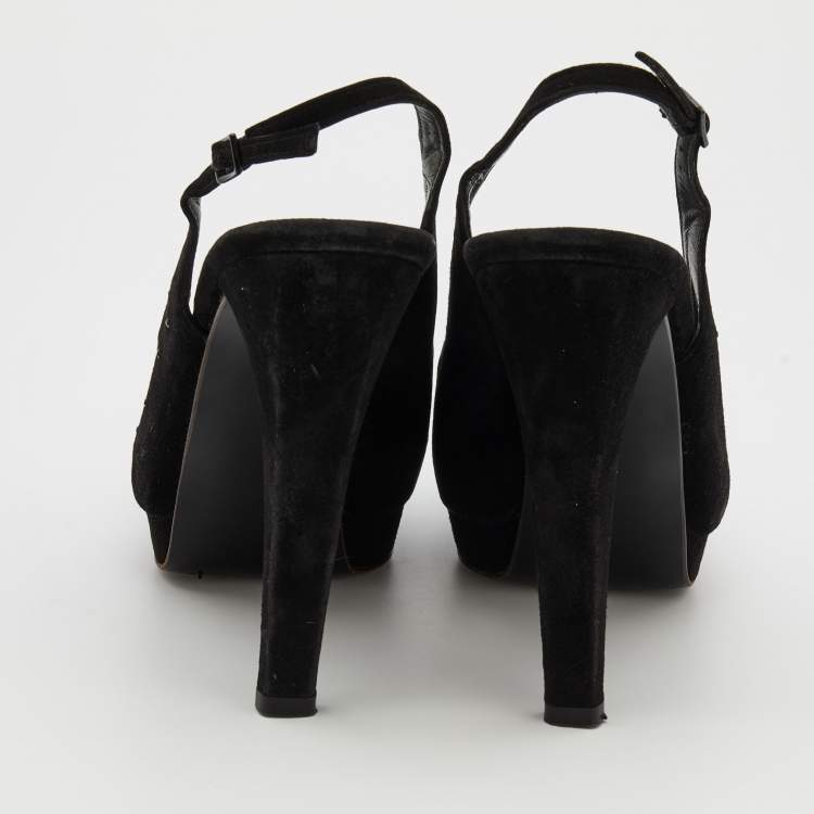 Pre Owned Stuart Weitzman Black Suede Crystal Embellished Platform Slingback Sandals Size 39.5