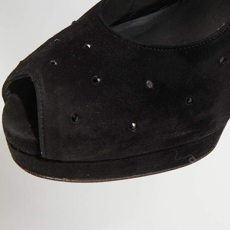 Pre Owned Stuart Weitzman Black Suede Crystal Embellished Platform Slingback Sandals Size 39.5