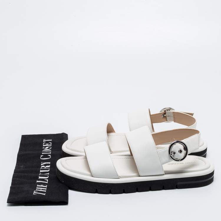Pre Owned Stuart Weitzman White Leather Flat Slingback Sandals Size 39.5