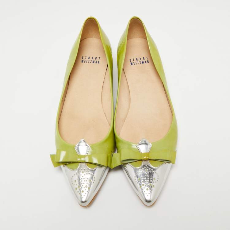 Pre Owned Stuart Weitzman Green/Silver Patent Leather Ballet Flats Size 38