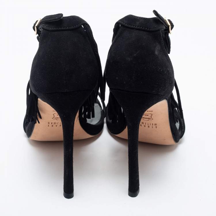 Pre Owned Stuart Weitzman Black Suede Love Fringe Ankle Strap Sandals Size 38