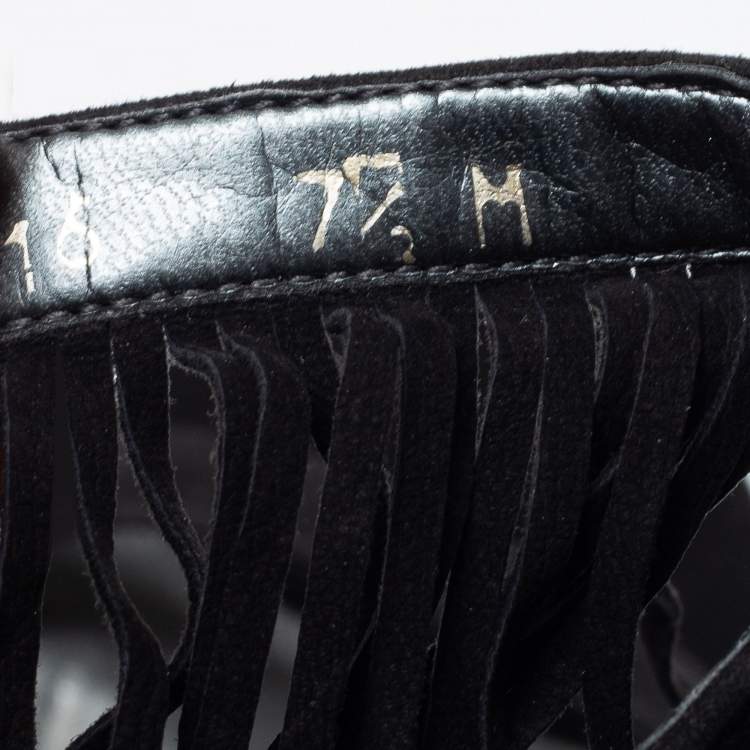 Pre Owned Stuart Weitzman Black Suede Love Fringe Ankle Strap Sandals Size 38