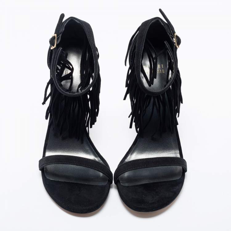 Pre Owned Stuart Weitzman Black Suede Love Fringe Ankle Strap Sandals Size 38