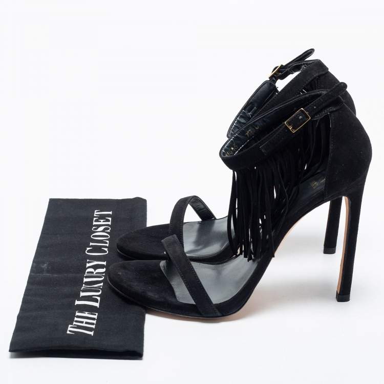 Pre Owned Stuart Weitzman Black Suede Love Fringe Ankle Strap Sandals Size 38
