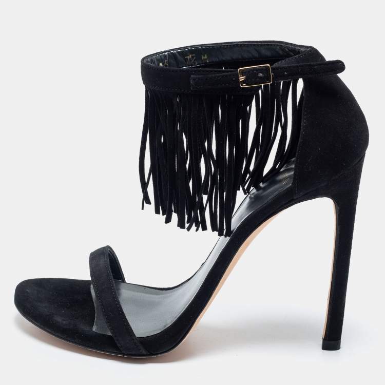 Pre Owned Stuart Weitzman Black Suede Love Fringe Ankle Strap Sandals Size 38
