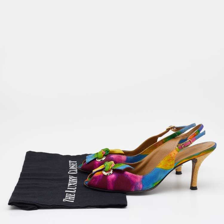Pre Owned Stuart Weitzman Multicolor Fabric Peep Toe Slingback Sandals Size 40