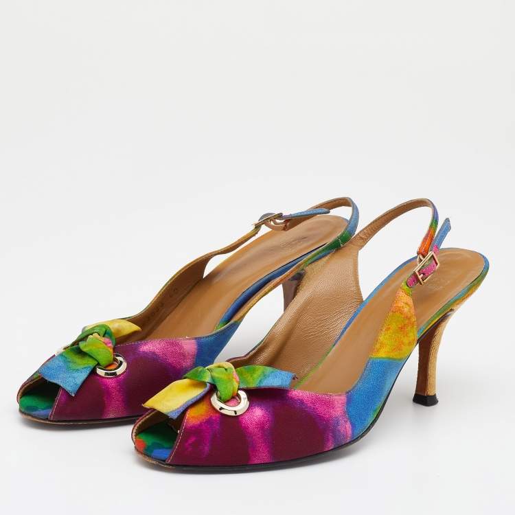 Pre Owned Stuart Weitzman Multicolor Fabric Peep Toe Slingback Sandals Size 40