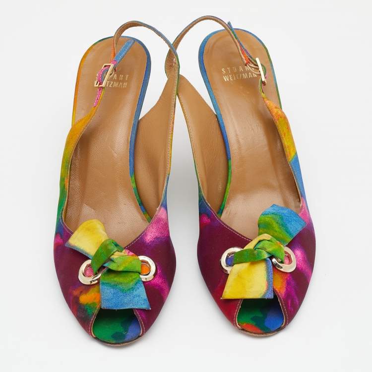 Pre Owned Stuart Weitzman Multicolor Fabric Peep Toe Slingback Sandals Size 40