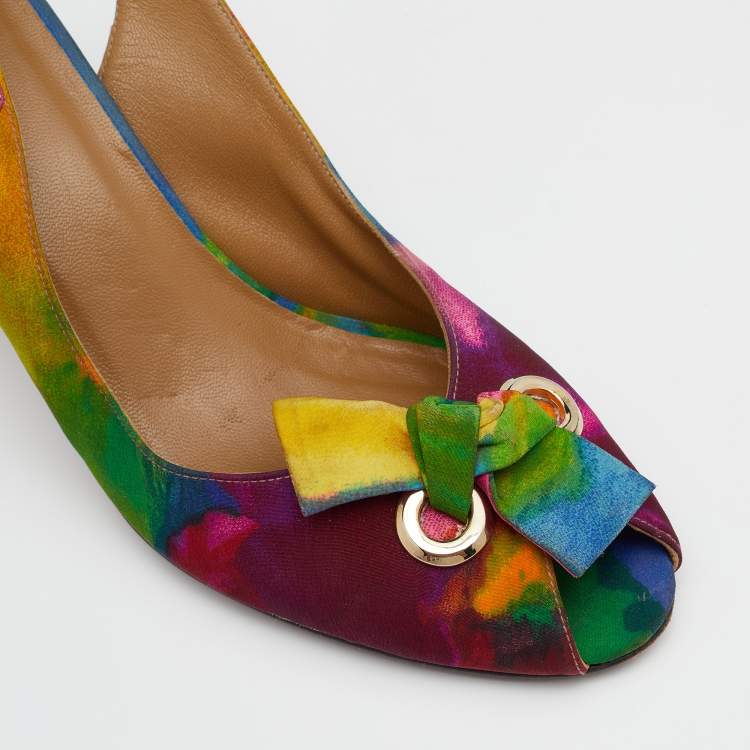 Pre Owned Stuart Weitzman Multicolor Fabric Peep Toe Slingback Sandals Size 40