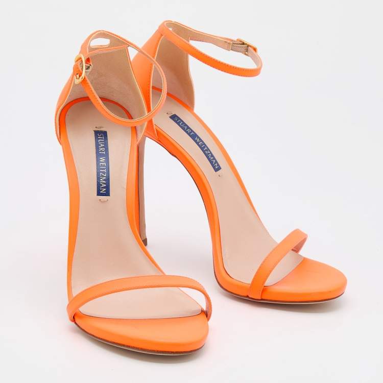 Pre Owned Stuart Weitzman Neon Orange Ankle Strap Sandals  Size 37.5