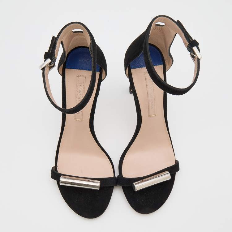 Pre Owned Stuart Weitzman Black Suede Ankle Strap Sandals Size 35.5
