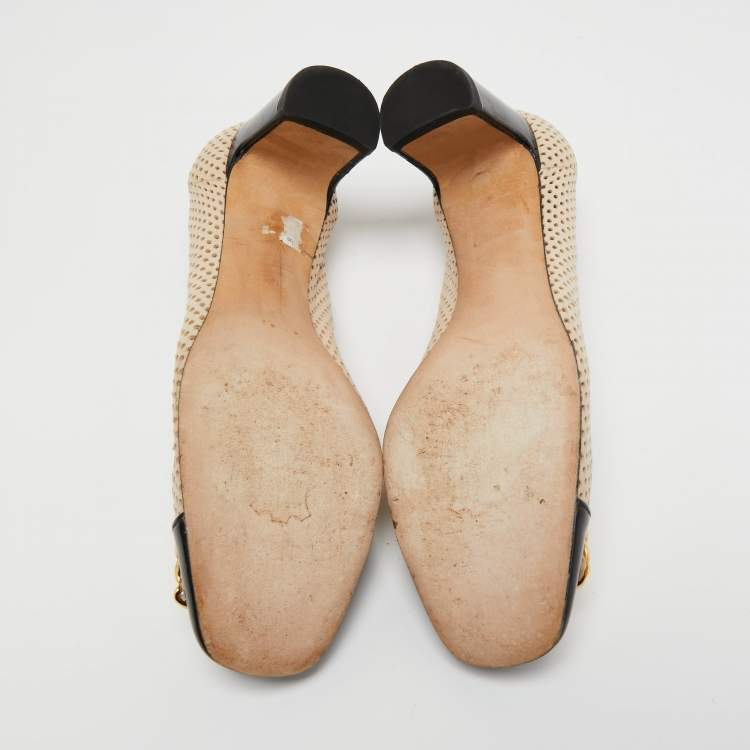 Pre Owned Stuart Weitzman Beige/Black Perforated Leather Cap Toe Pumps Size 36.5