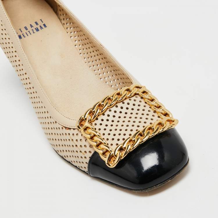 Pre Owned Stuart Weitzman Beige/Black Perforated Leather Cap Toe Pumps Size 36.5