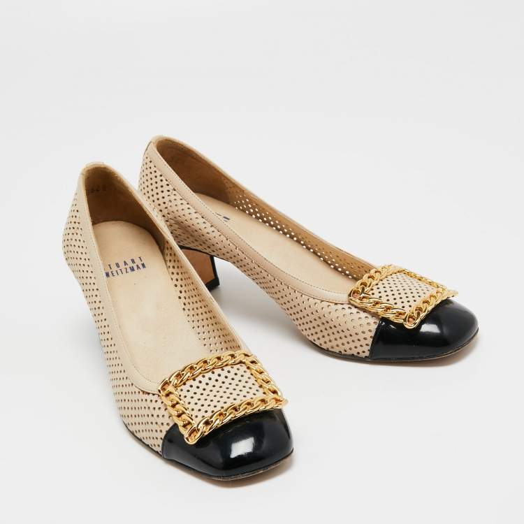 Pre Owned Stuart Weitzman Beige/Black Perforated Leather Cap Toe Pumps Size 36.5