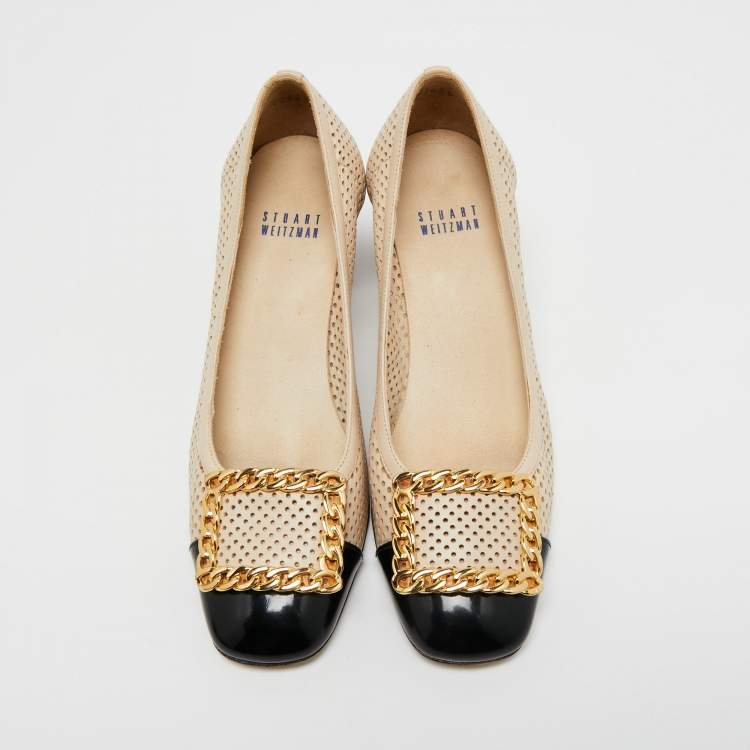 Pre Owned Stuart Weitzman Beige/Black Perforated Leather Cap Toe Pumps Size 36.5
