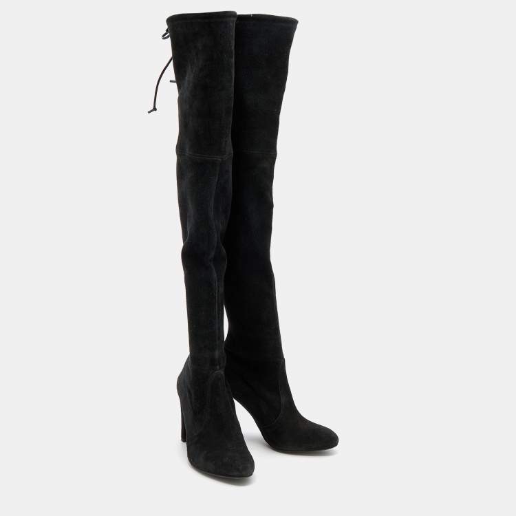 Pre Owned Stuart Weitzman Black Suede Thigh High Boots Size 37