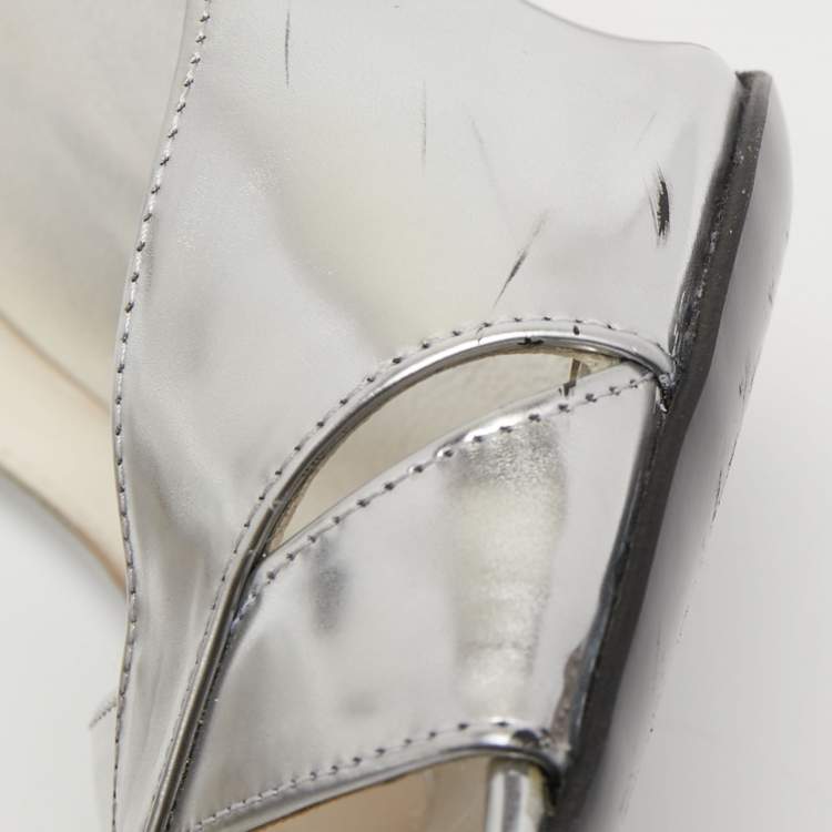 Pre Owned Stuart Weitzman Silver Leather Peep Toe Pumps Size 37.5