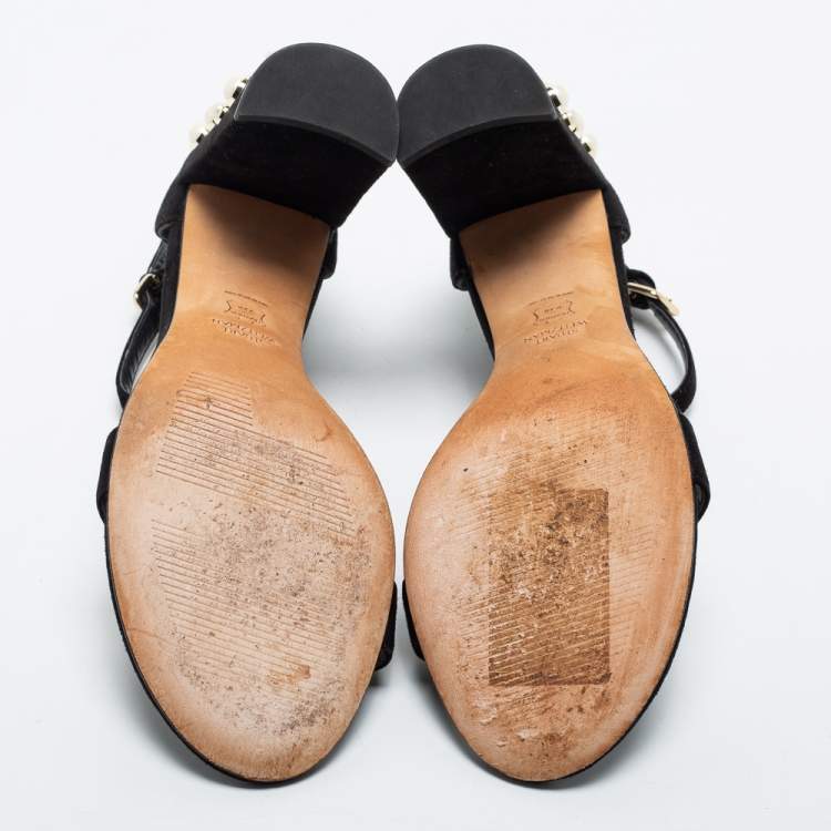 Pre Owned Stuart Weitzman Black Suede Faux Pearl Embellished Nudist Sandals Size 39.5