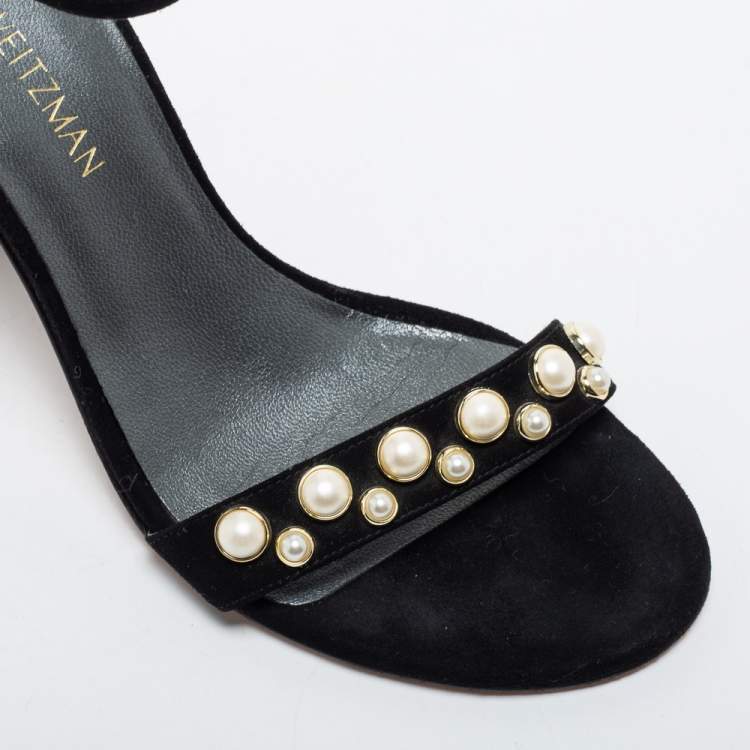Pre Owned Stuart Weitzman Black Suede Faux Pearl Embellished Nudist Sandals Size 39.5