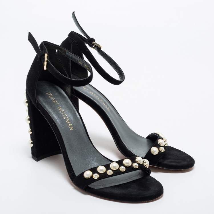 Pre Owned Stuart Weitzman Black Suede Faux Pearl Embellished Nudist Sandals Size 39.5