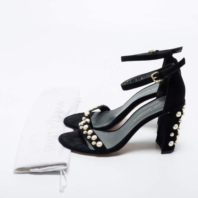 Pre Owned Stuart Weitzman Black Suede Faux Pearl Embellished Nudist Sandals Size 39.5