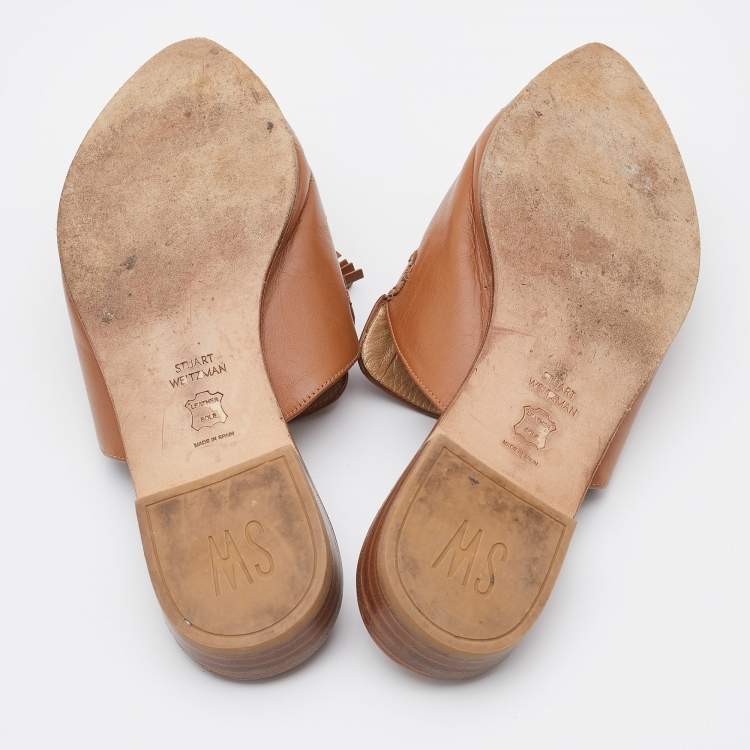 Pre Owned Stuart Weitzman Brown Leather Tassel Pointed Toe Flat Mules Size 40