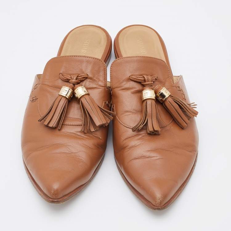 Pre Owned Stuart Weitzman Brown Leather Tassel Pointed Toe Flat Mules Size 40
