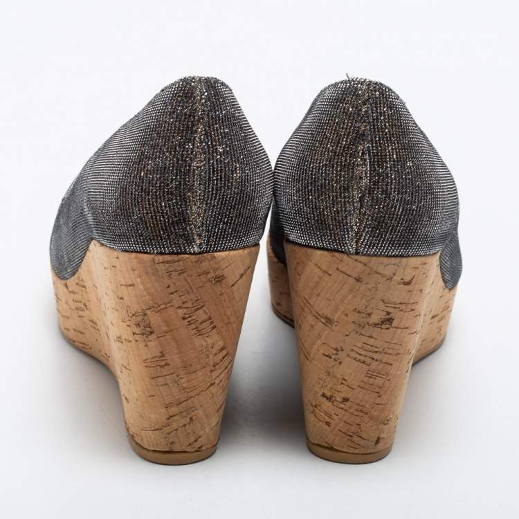 Pre Owned Stuart Weitzman Grey Lurex Fabric Anna Cork Wedge Platform Peep Toe Pumps Size 37