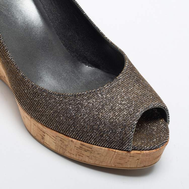 Pre Owned Stuart Weitzman Grey Lurex Fabric Anna Cork Wedge Platform Peep Toe Pumps Size 37