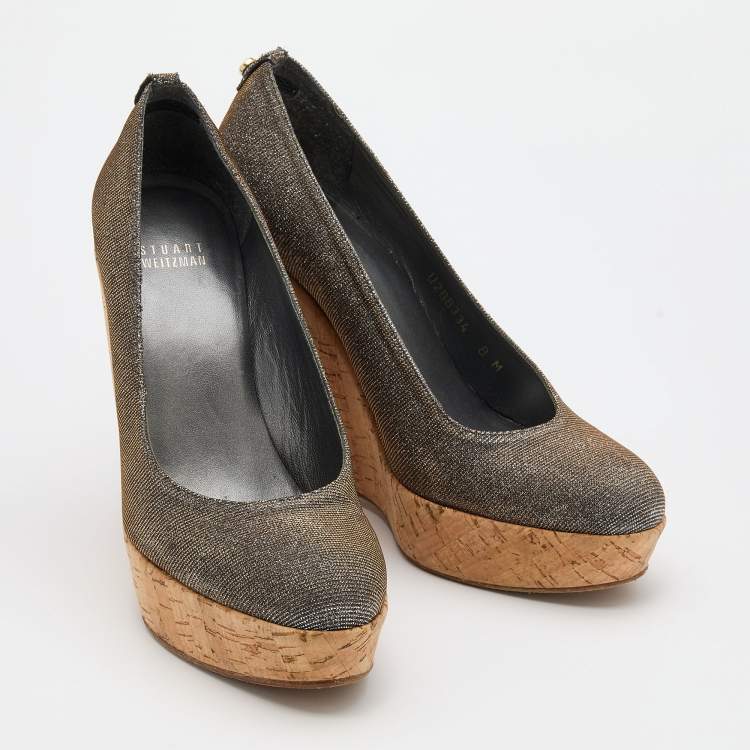 Pre Owned Stuart Weitzman Silver/Gold Glitter Lurex Fabric Cork Wedge Platform Pumps Size 38.5