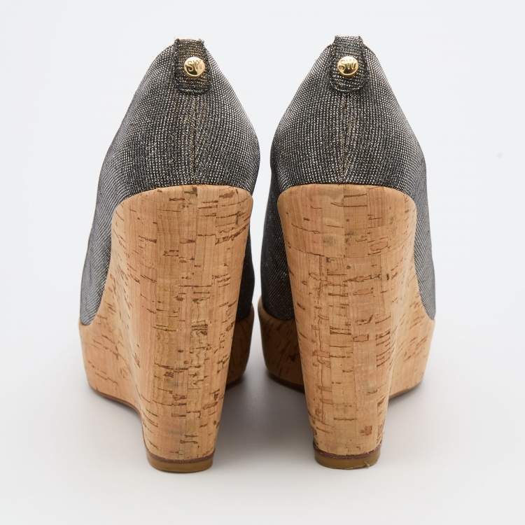 Pre Owned Stuart Weitzman Silver/Gold Glitter Lurex Fabric Cork Wedge Platform Pumps Size 38.5