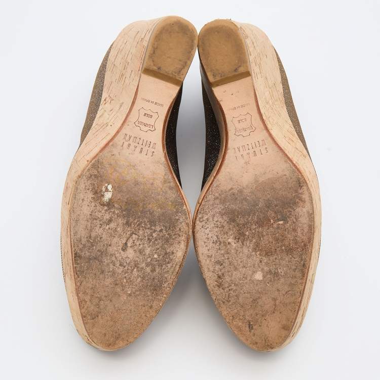 Pre Owned Stuart Weitzman Silver/Gold Glitter Lurex Fabric Cork Wedge Platform Pumps Size 38.5