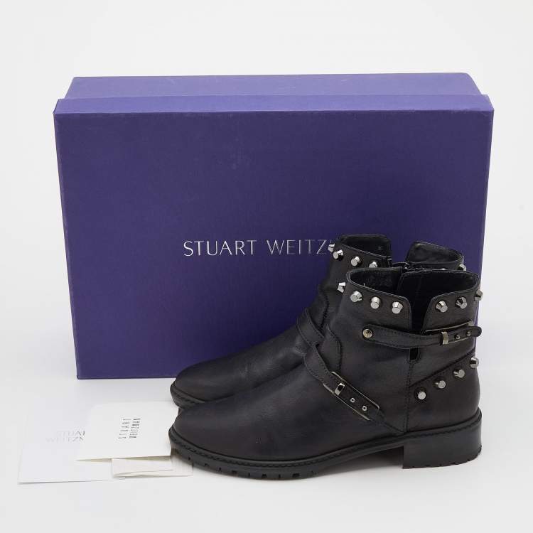 Pre Owned Stuart Weitzman Black Leather Go West Studded Ankle Length Boots Size 38.5