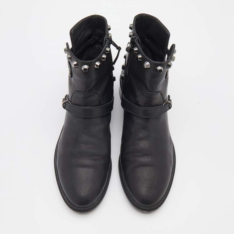 Pre Owned Stuart Weitzman Black Leather Go West Studded Ankle Length Boots Size 38.5