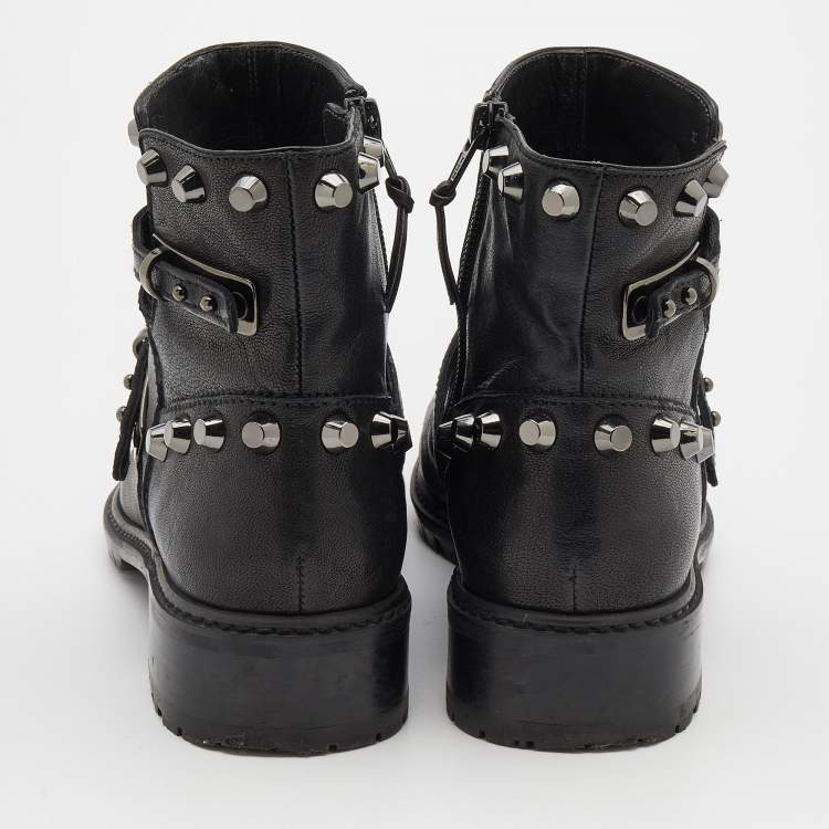 Pre Owned Stuart Weitzman Black Leather Go West Studded Ankle Length Boots Size 38.5