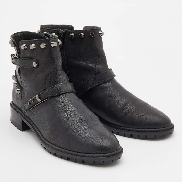 Pre Owned Stuart Weitzman Black Leather Go West Studded Ankle Length Boots Size 38.5