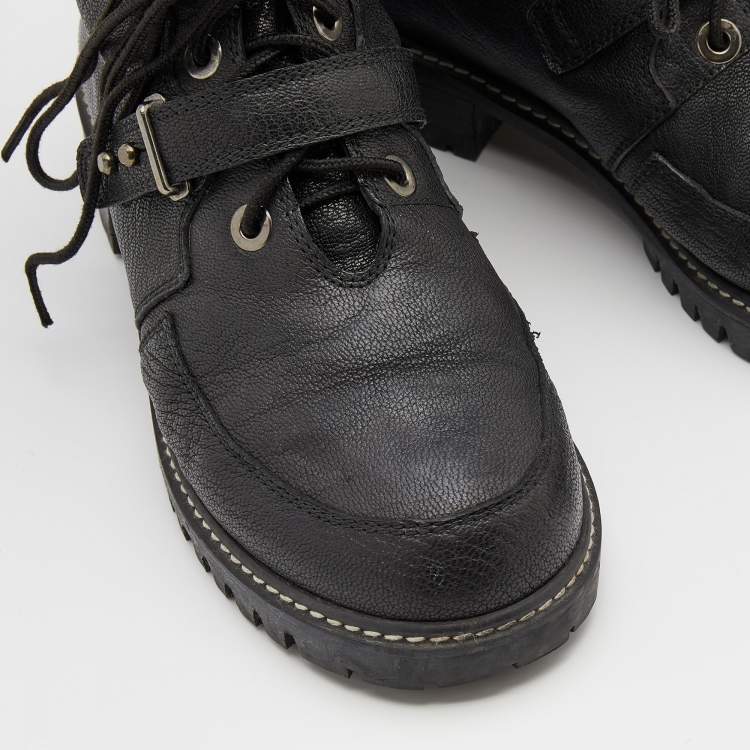 Pre Owned Stuart Weitzman Black Leather and Fur Ankle Length Boots Size 38