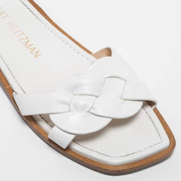 Pre Owned Stuart Weitzman White Leather Flat Slides Size 40