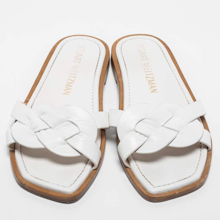 Pre Owned Stuart Weitzman White Leather Flat Slides Size 40