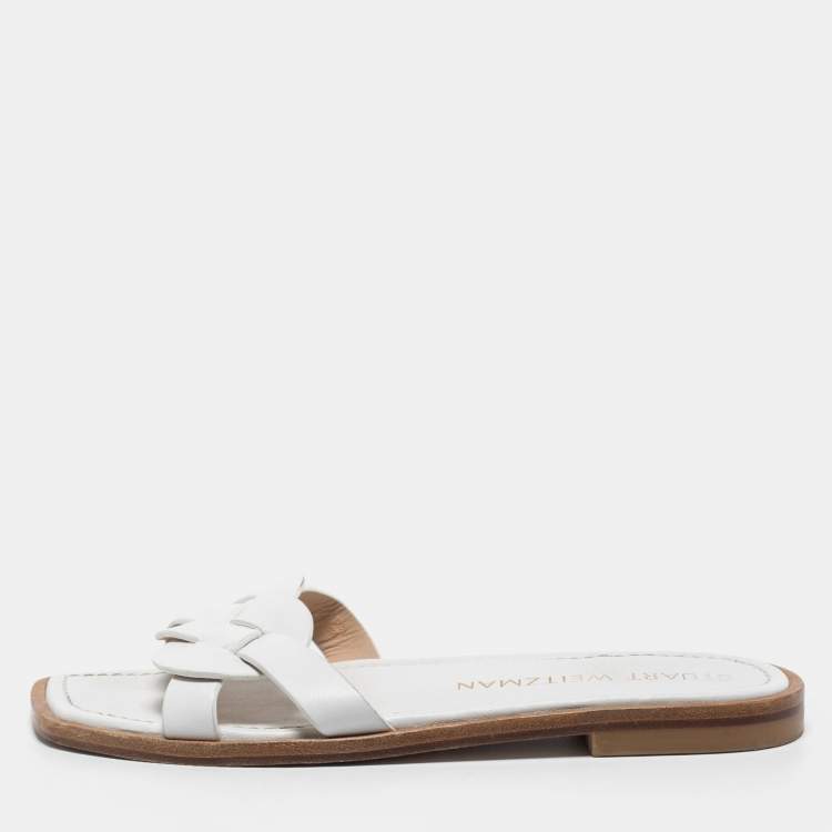 Pre Owned Stuart Weitzman White Leather Flat Slides Size 40
