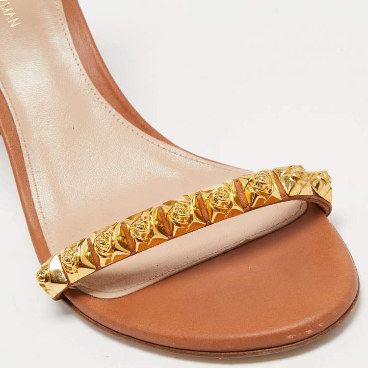 Pre Owned Stuart Weitzman Brown Leather Embellished Ankle Strap Sandals Size 39.5