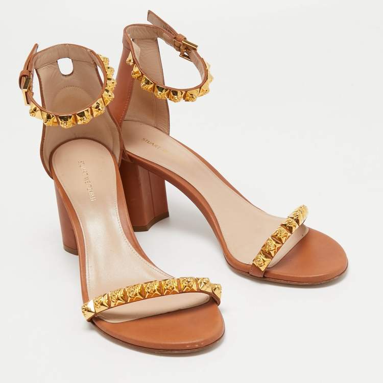 Pre Owned Stuart Weitzman Brown Leather Embellished Ankle Strap Sandals Size 39.5